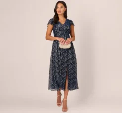 Adrianna Papell Wedding Guest Dresses|Grandmother Of The Bride & Groom*Floral Metallic Crinkle Ankle Length Dress With Flutter Sleeves In Navy Silver