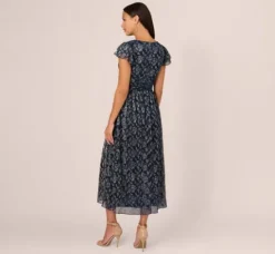 Adrianna Papell Wedding Guest Dresses|Grandmother Of The Bride & Groom*Floral Metallic Crinkle Ankle Length Dress With Flutter Sleeves In Navy Silver