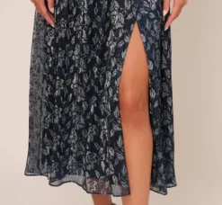 Adrianna Papell Wedding Guest Dresses|Grandmother Of The Bride & Groom*Floral Metallic Crinkle Ankle Length Dress With Flutter Sleeves In Navy Silver