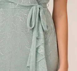 Adrianna Papell Wedding Guest Dresses|Day Dresses*Floral Metallic Stencil Midi-Length Mermaid Dress With Capelet In Sea Glass