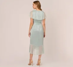 Adrianna Papell Wedding Guest Dresses|Day Dresses*Floral Metallic Stencil Midi-Length Mermaid Dress With Capelet In Sea Glass