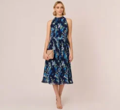 Adrianna Papell Wedding Guest Dresses|Day Dresses*Floral Pleated Chiffon Dress With Mock Neckline In Navy Multi