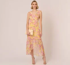 Adrianna Papell Wedding Guest Dresses|Day Dresses*Floral Print Ankle Length Chiffon Dress With Ruffled Details In Yellow Multi