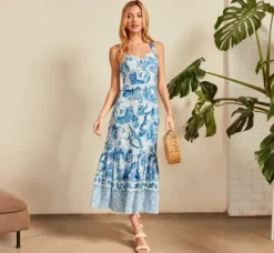 Adrianna Papell Wedding Guest Dresses|Day Dresses*Floral Print Ankle Length Dress With Flounce Skirt In Light Blue Multi