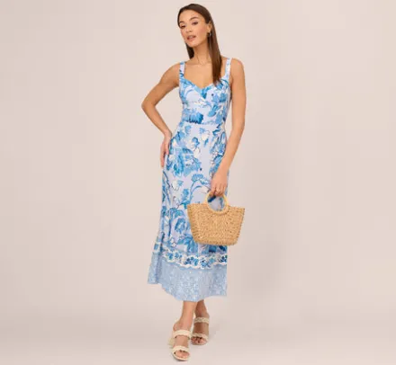 Adrianna Papell Wedding Guest Dresses|Day Dresses*Floral Print Ankle Length Dress With Flounce Skirt In Light Blue Multi