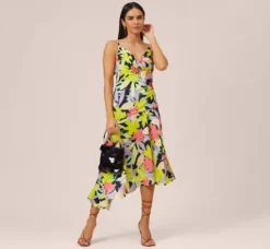 Adrianna Papell Wedding Guest Dresses|Petite-Friendly*Floral-Print Asymmetrical Midi-Length Cocktail Dress In Coral Multi