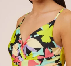Adrianna Papell Wedding Guest Dresses|Petite-Friendly*Floral-Print Asymmetrical Midi-Length Cocktail Dress In Coral Multi
