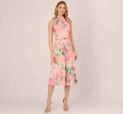 Adrianna Papell Wedding Guest Dresses|Day Dresses*Floral Print Chiffon Halter Dress With Mock Neck In Blush Multi