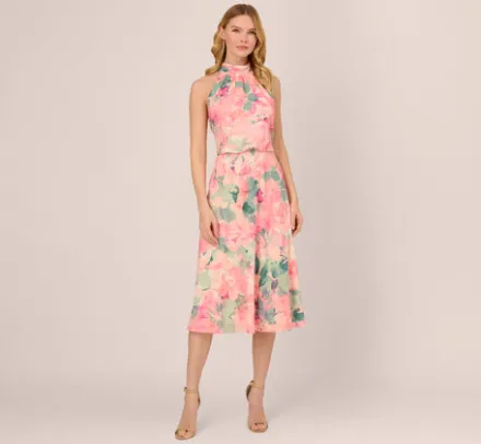 Adrianna Papell Wedding Guest Dresses|Day Dresses*Floral Print Chiffon Halter Dress With Mock Neck In Blush Multi
