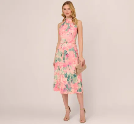Adrianna Papell Wedding Guest Dresses|Day Dresses*Floral Print Chiffon Halter Dress With Mock Neck In Blush Multi