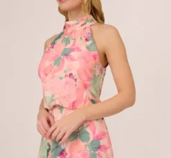 Adrianna Papell Wedding Guest Dresses|Day Dresses*Floral Print Chiffon Halter Dress With Mock Neck In Blush Multi