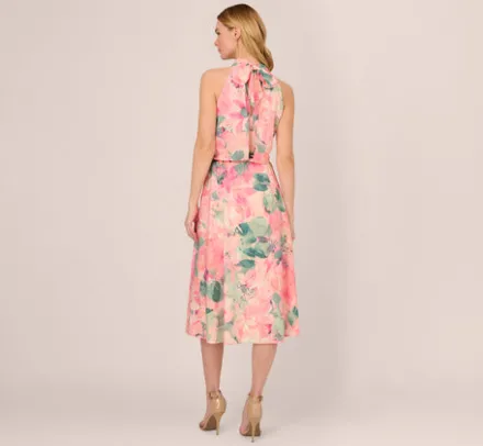 Adrianna Papell Wedding Guest Dresses|Day Dresses*Floral Print Chiffon Halter Dress With Mock Neck In Blush Multi