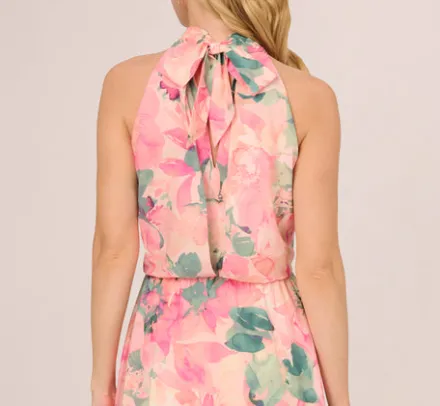 Adrianna Papell Wedding Guest Dresses|Day Dresses*Floral Print Chiffon Halter Dress With Mock Neck In Blush Multi