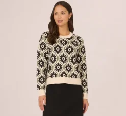 Adrianna Papell Tops & Blouses|Sweaters*Floral Print Crew Neck Pullover Sweater In Cream Fatigue Black