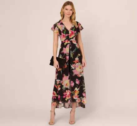 Adrianna Papell Jumpsuits|Day Dresses*Floral Print Cropped Jumpsuit With Skirt Overlay In Black Multi