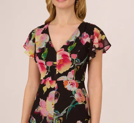 Adrianna Papell Jumpsuits|Day Dresses*Floral Print Cropped Jumpsuit With Skirt Overlay In Black Multi