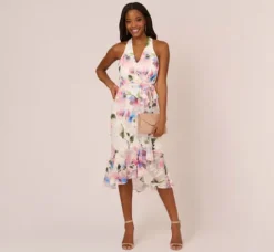 Adrianna Papell Day Dresses|Petite-Friendly*Floral Printed Chiffon Halter Dress With Self Tie Waist In Ivory Pink Multi