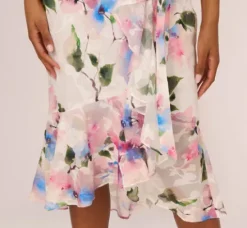Adrianna Papell Day Dresses|Petite-Friendly*Floral Printed Chiffon Halter Dress With Self Tie Waist In Ivory Pink Multi