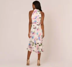 Adrianna Papell Day Dresses|Petite-Friendly*Floral Printed Chiffon Halter Dress With Self Tie Waist In Ivory Pink Multi