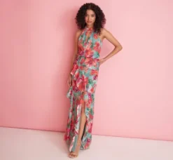 Adrianna Papell Wedding Guest Dresses|Formal Dresses*Floral Printed Halter Mermaid Gown With Ruffle Details In Turquoise Multi