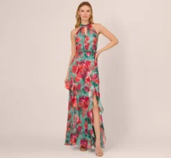 Adrianna Papell Wedding Guest Dresses|Formal Dresses*Floral Printed Halter Mermaid Gown With Ruffle Details In Turquoise Multi