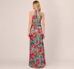 Adrianna Papell Wedding Guest Dresses|Formal Dresses*Floral Printed Halter Mermaid Gown With Ruffle Details In Turquoise Multi