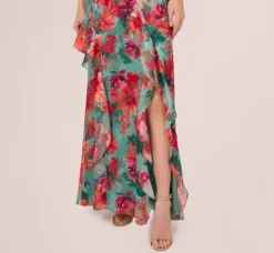 Adrianna Papell Wedding Guest Dresses|Formal Dresses*Floral Printed Halter Mermaid Gown With Ruffle Details In Turquoise Multi