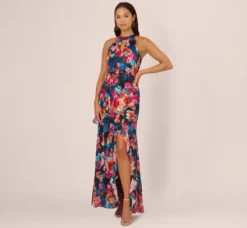 Adrianna Papell Wedding Guest Dresses|Formal Dresses*Floral Printed Halter Mermaid Gown With Ruffle Details In Navy Multi