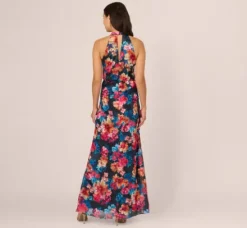 Adrianna Papell Wedding Guest Dresses|Formal Dresses*Floral Printed Halter Mermaid Gown With Ruffle Details In Navy Multi