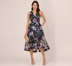 Adrianna Papell Wedding Guest Dresses|Petite-Friendly*Floral Printed High Low Organza Halter Dress In Navy Multi