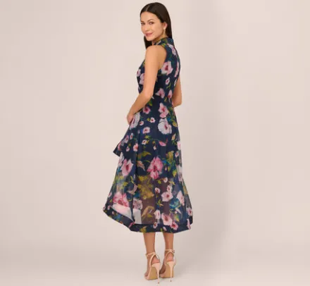 Adrianna Papell Wedding Guest Dresses|Petite-Friendly*Floral Printed High Low Organza Halter Dress In Navy Multi