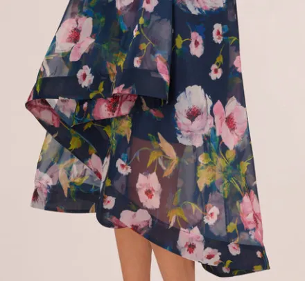 Adrianna Papell Wedding Guest Dresses|Petite-Friendly*Floral Printed High Low Organza Halter Dress In Navy Multi