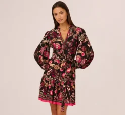 Adrianna Papell Wedding Guest Dresses|Day Dresses*Floral Printed V Neck Button Front Dress With Long Sleeves In Black Multi