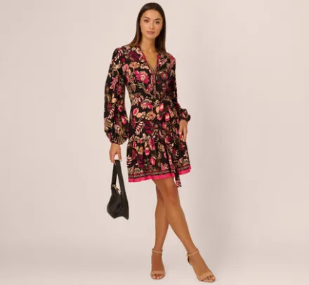 Adrianna Papell Wedding Guest Dresses|Day Dresses*Floral Printed V Neck Button Front Dress With Long Sleeves In Black Multi