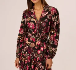 Adrianna Papell Wedding Guest Dresses|Day Dresses*Floral Printed V Neck Button Front Dress With Long Sleeves In Black Multi