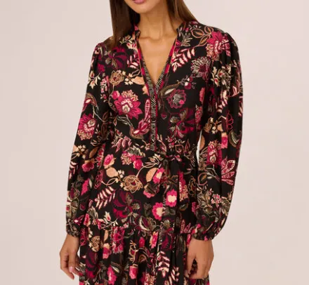 Adrianna Papell Wedding Guest Dresses|Day Dresses*Floral Printed V Neck Button Front Dress With Long Sleeves In Black Multi