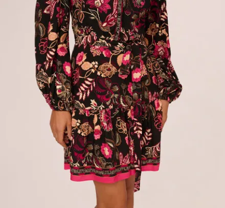 Adrianna Papell Wedding Guest Dresses|Day Dresses*Floral Printed V Neck Button Front Dress With Long Sleeves In Black Multi