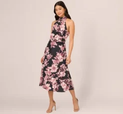 Adrianna Papell Wedding Guest Dresses|Ap Exclusives*Floral Print Halter Midi Dress With Mock Neckline In Black Multi