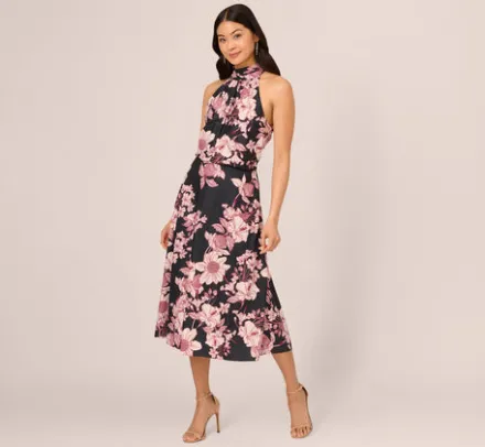 Adrianna Papell Wedding Guest Dresses|Ap Exclusives*Floral Print Halter Midi Dress With Mock Neckline In Black Multi