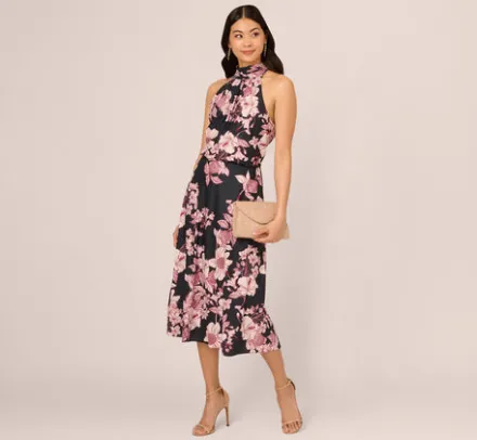 Adrianna Papell Wedding Guest Dresses|Ap Exclusives*Floral Print Halter Midi Dress With Mock Neckline In Black Multi