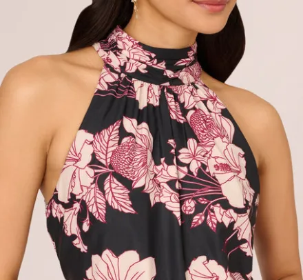 Adrianna Papell Wedding Guest Dresses|Ap Exclusives*Floral Print Halter Midi Dress With Mock Neckline In Black Multi
