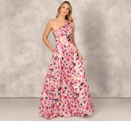 Adrianna Papell Wedding Guest Dresses|Formal Dresses*Floral Print Jacquard One Shoulder Ball Gown In Hot Pink Multi
