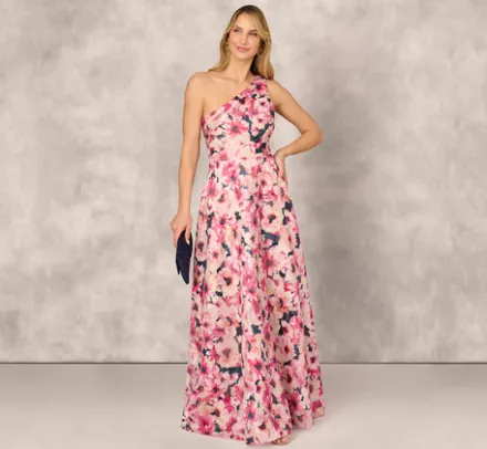 Adrianna Papell Wedding Guest Dresses|Formal Dresses*Floral Print Jacquard One Shoulder Ball Gown In Hot Pink Multi