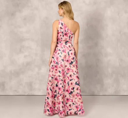Adrianna Papell Wedding Guest Dresses|Formal Dresses*Floral Print Jacquard One Shoulder Ball Gown In Hot Pink Multi