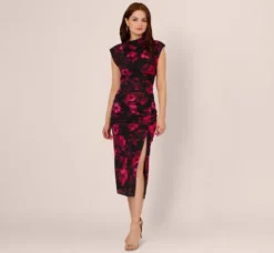 Adrianna Papell Wedding Guest Dresses|Ap Exclusives*Floral Print Jersey Ankle Length Dress With Draped Details In Black Pink Multi
