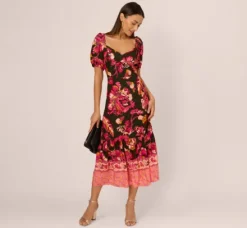 Adrianna Papell Wedding Guest Dresses|Day Dresses*Floral Print Maxi Dress With Puff Sleeves In Hunter Multi