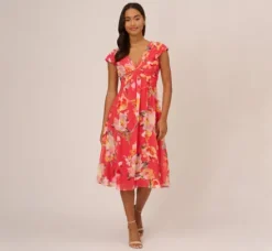 Adrianna Papell Wedding Guest Dresses|Day Dresses*Floral Print Midi Dress With Twist Neckline In Coral Multi