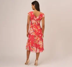 Adrianna Papell Wedding Guest Dresses|Day Dresses*Floral Print Midi Dress With Twist Neckline In Coral Multi