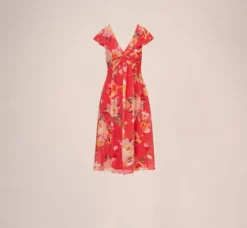 Adrianna Papell Wedding Guest Dresses|Day Dresses*Floral Print Midi Dress With Twist Neckline In Coral Multi