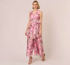 Adrianna Papell Jumpsuits*Floral Print Organza Sleeveless Jumpsuit With Self Tie Waist In Pink Multi